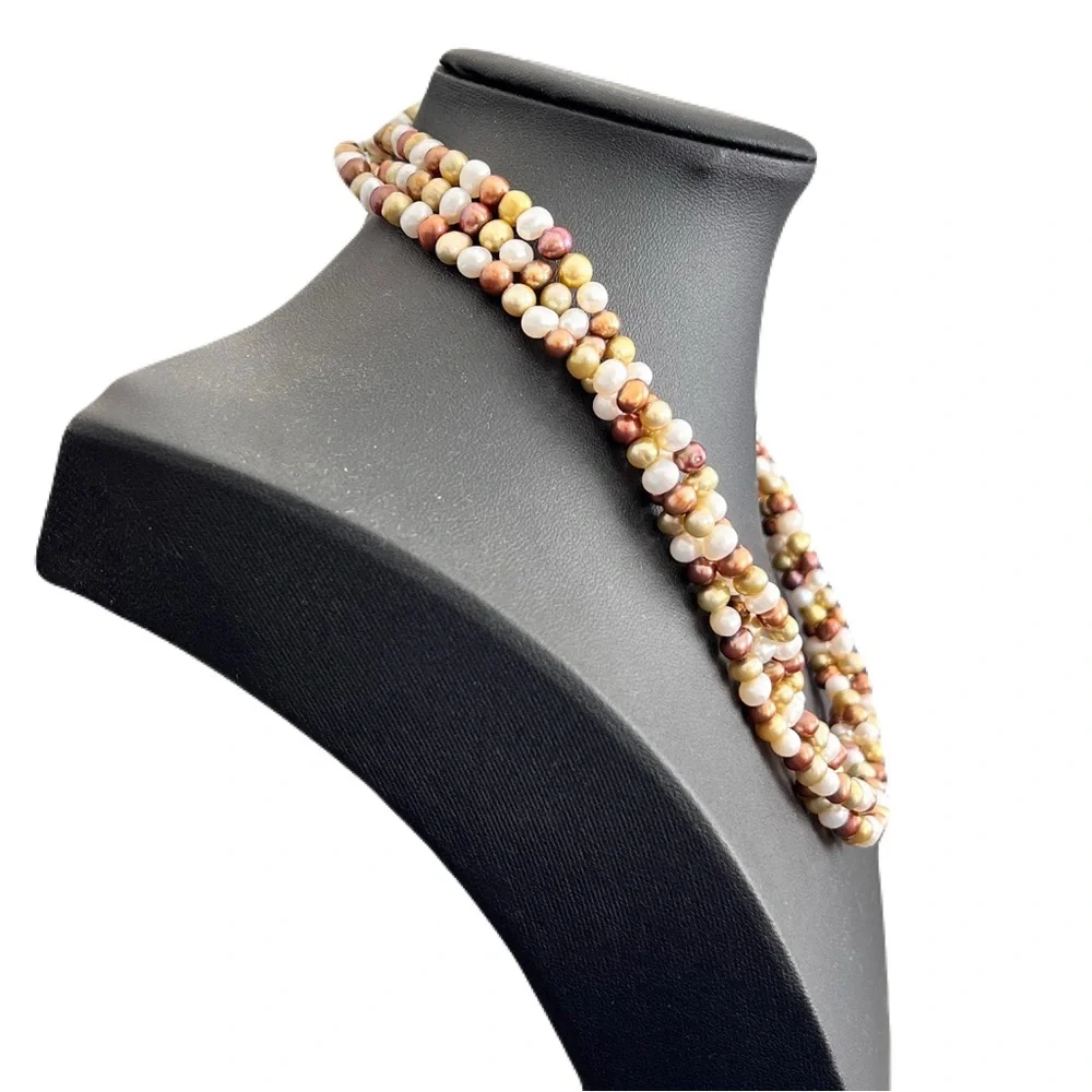 Triple Strand Multicolor Freshwater Pearl Sterling Silver Necklace, 17.5”
